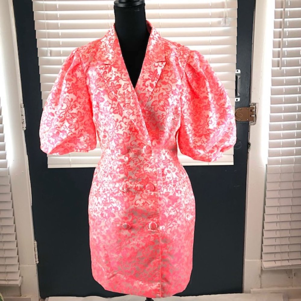 Missguided Puff Sleeve Blazer Dress, Neon Pink & White Brocade, Size 6